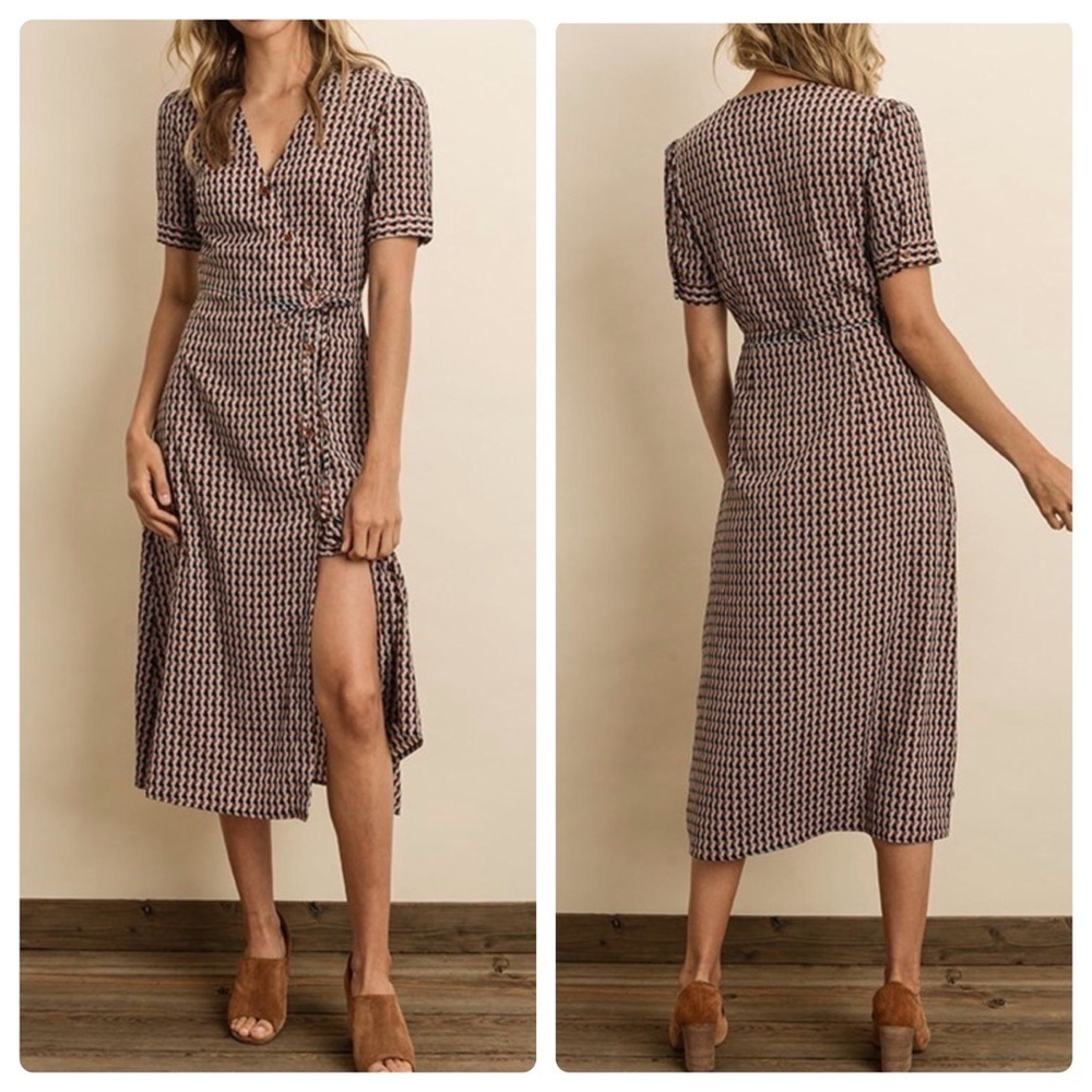 DRESS FORUM Geometric Midi Wrap Dress, Asymmetrical Buttons, Size Small, NWOT!